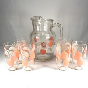 Vintage juice picture and six glasses w/ peaches